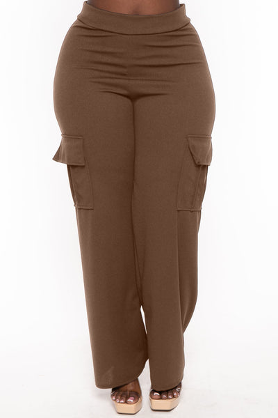 Plus Size Amy Pull Up Cargo Pants - Brown