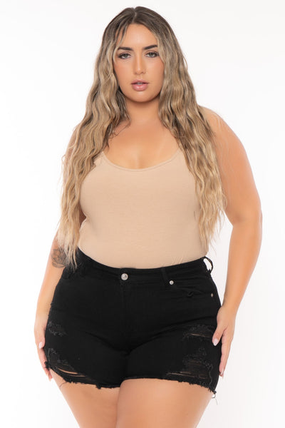 Plus Size Destroyed Denim Short - Black