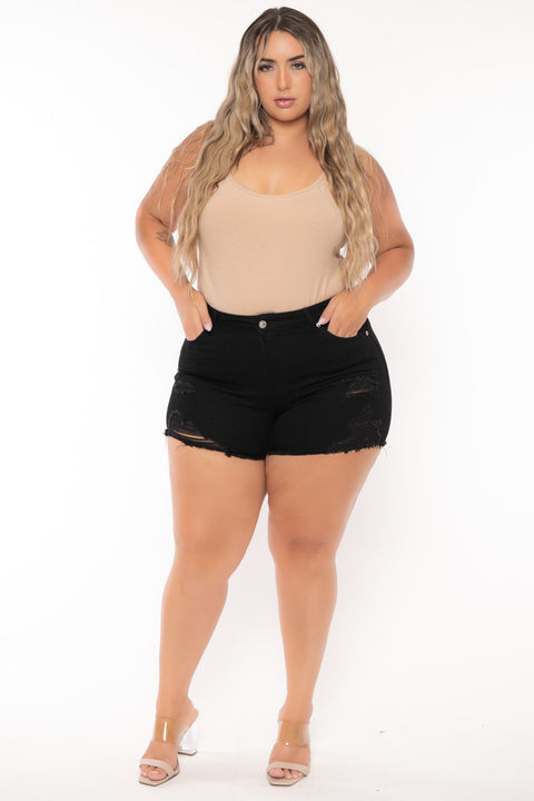 Plus Size Destroyed Denim Short - Black