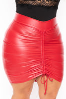 Plus Size Faux Leather Drawstring  Skirt - Red