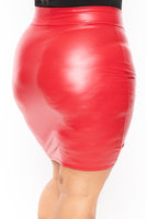 Plus Size Faux Leather Drawstring  Skirt - Red