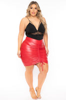 Plus Size Faux Leather Drawstring  Skirt - Red