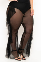 Plus Size Sheer Mesh Ruffle Pants - Black