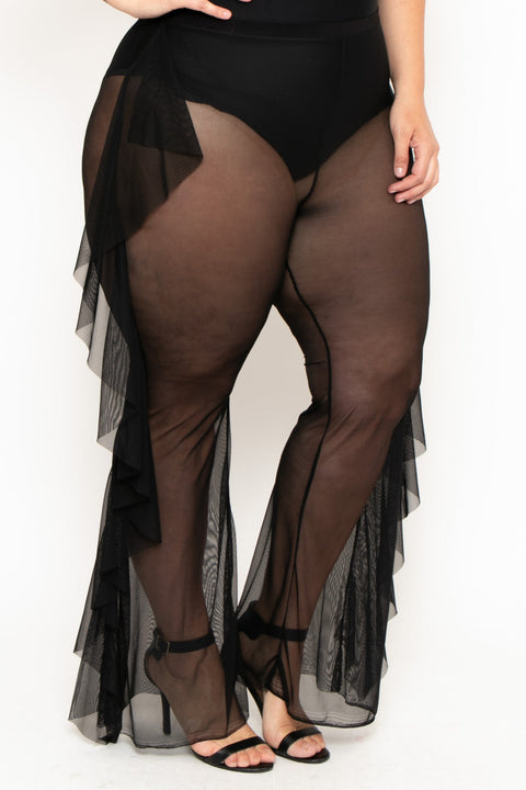 Plus Size Sheer Mesh Ruffle Pants - Black