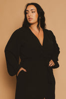 Plus Size Classic Wrap Belted Dress - Black