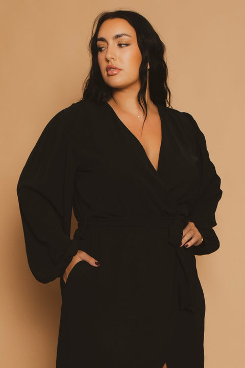 Plus Size Classic Wrap Belted Dress - Black