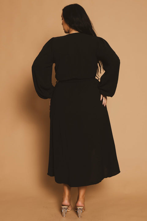 Plus Size Classic Wrap Belted Dress - Black