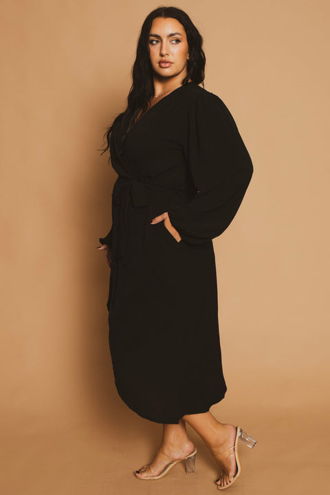 Plus Size Classic Wrap Belted Dress - Black