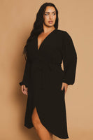 Plus Size Classic Wrap Belted Dress - Black