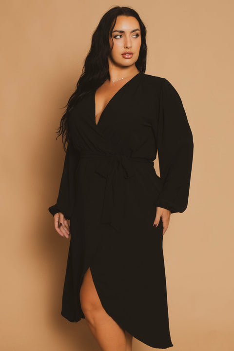 Plus Size Classic Wrap Belted Dress - Black