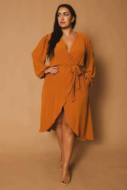 Plus Size Classic Wrap Belted Dress - Rust
