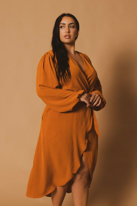 Plus Size Classic Wrap Belted Dress - Rust