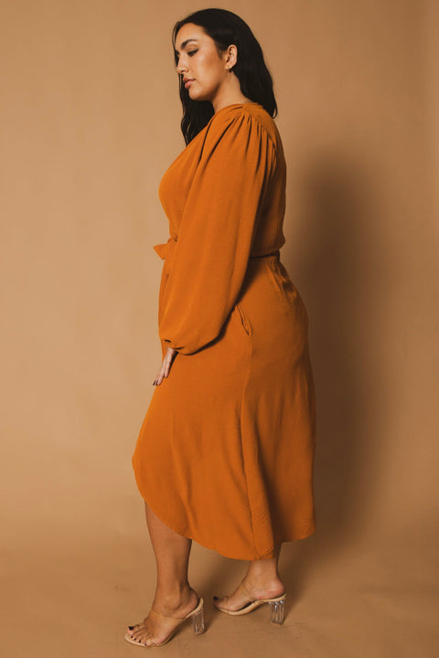 Plus Size Classic Wrap Belted Dress - Rust