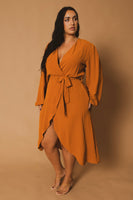 Plus Size Classic Wrap Belted Dress - Rust