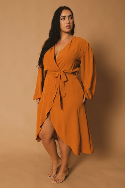 Plus Size Classic Wrap Belted Dress - Rust