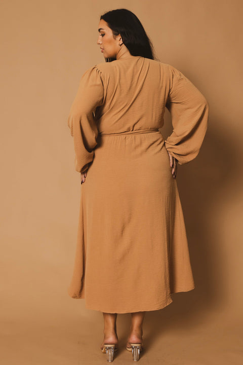 Plus Size Classic Wrap Belted Dress - Taupe