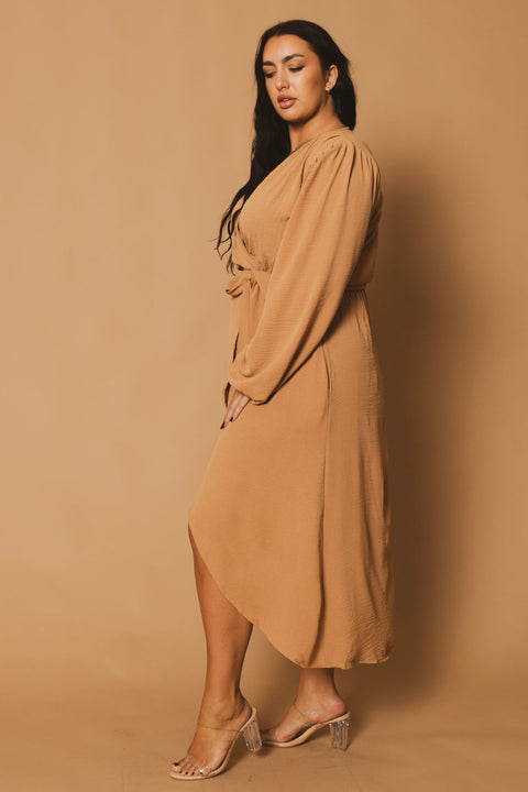 Plus Size Classic Wrap Belted Dress - Taupe