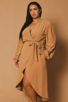 Plus Size Classic Wrap Belted Dress - Taupe