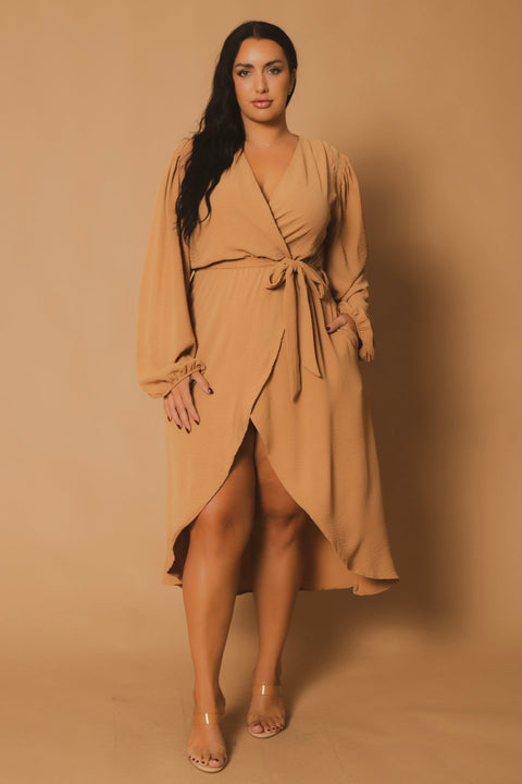 Plus Size Classic Wrap Belted Dress - Taupe