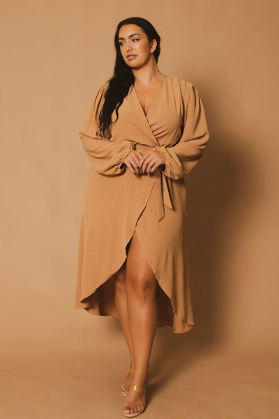 Plus Size Classic Wrap Belted Dress - Taupe