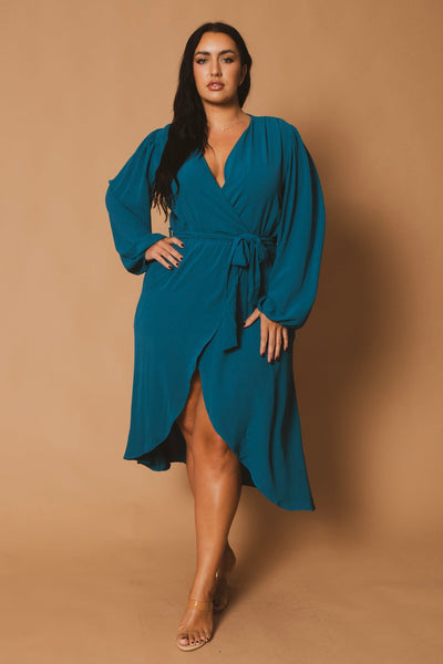 Plus Size Classic Wrap Belted Dress - Teal
