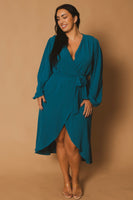 Plus Size Classic Wrap Belted Dress - Teal