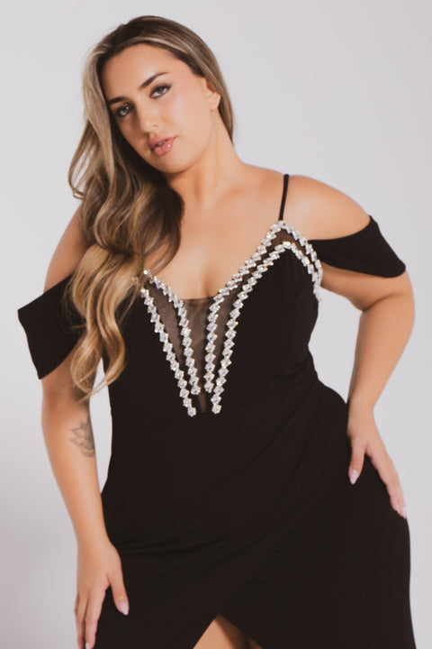 Plus Size Corinne Rhinestone Dress Dress- Black