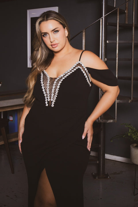 Plus Size Corinne Rhinestone Dress Dress- Black