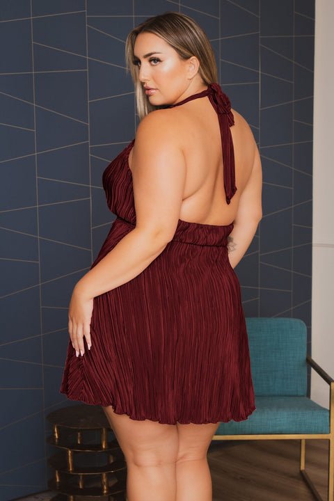 Plus Size Darla  Pleated Halter Dress- Burgundy
