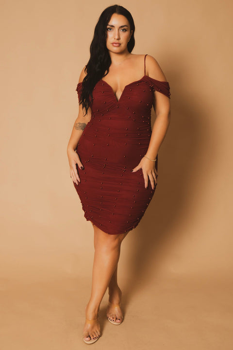 Plus Size Divine Pearl Dress -Burgundy