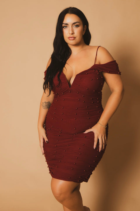 Plus Size Divine Pearl Dress -Burgundy
