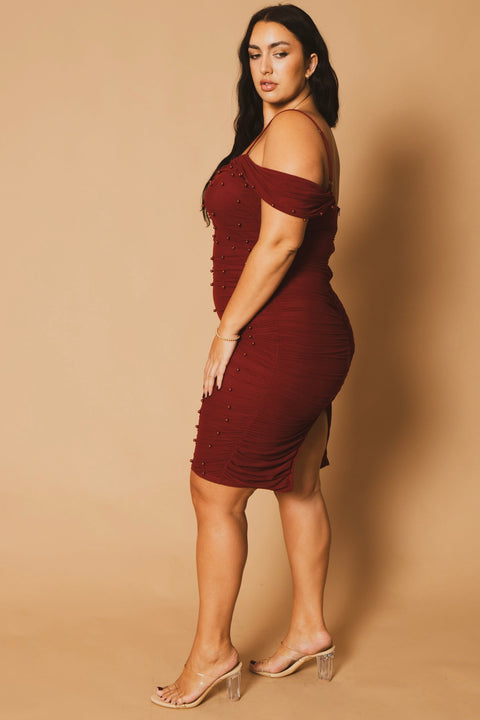Plus Size Divine Pearl Dress -Burgundy