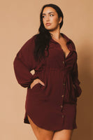 Plus Size Donnie Drawstring  Shirt Dress -Burgundy