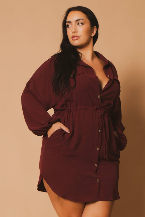Plus Size Donnie Drawstring  Shirt Dress -Burgundy