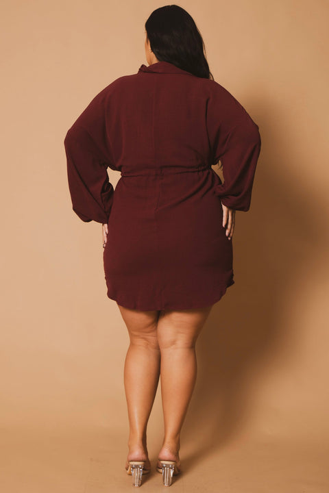 Plus Size Donnie Drawstring  Shirt Dress -Burgundy