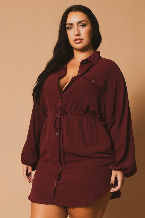 Plus Size Donnie Drawstring  Shirt Dress -Burgundy