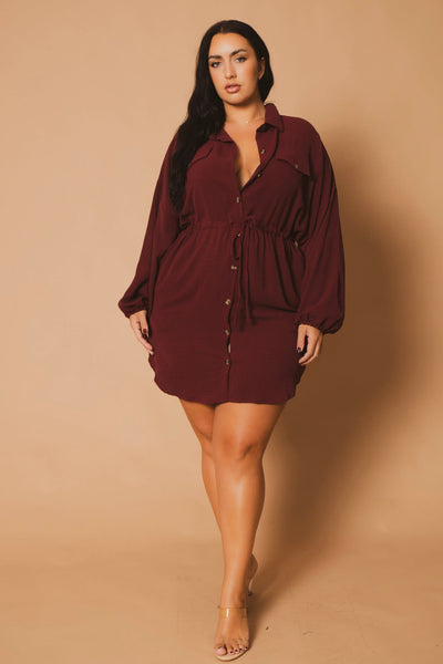 Plus Size Donnie Drawstring  Shirt Dress -Burgundy