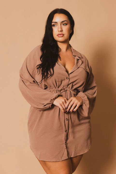 Plus Size Donnie Drawstring  Shirt Dress - Mocha