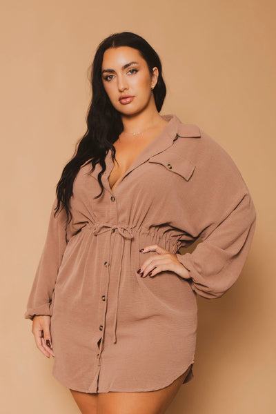 Plus Size Donnie Drawstring  Shirt Dress - Mocha