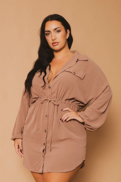 Plus Size Donnie Drawstring  Shirt Dress - Mocha