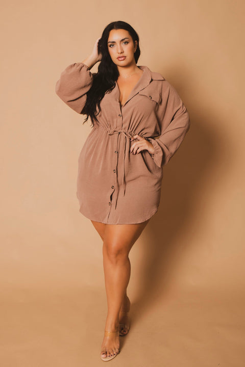 Plus Size Donnie Drawstring  Shirt Dress - Mocha