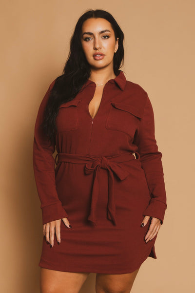 Plus Size Effortless Belted Dress - Burgundy