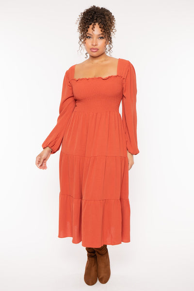 Plus Size Evie Smock Tiered   Dress - Burnt Orange