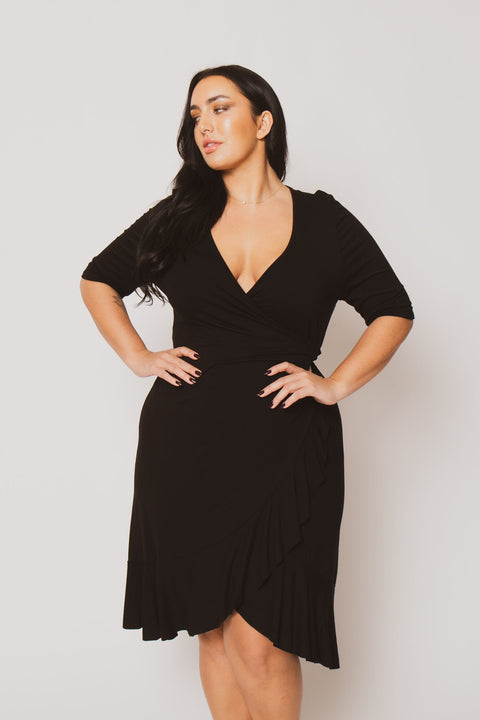Plus Size Juliet Ruffle Wrap Midi Dress  - Black