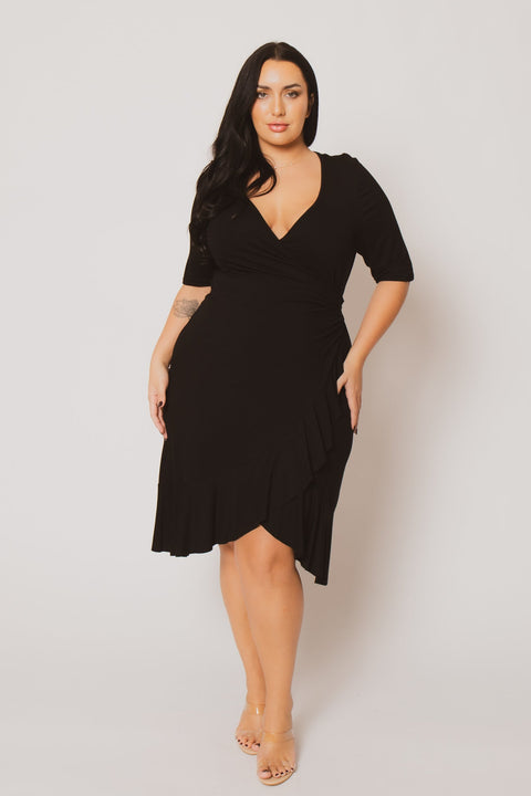 Plus Size Juliet Ruffle Wrap Midi Dress  - Black