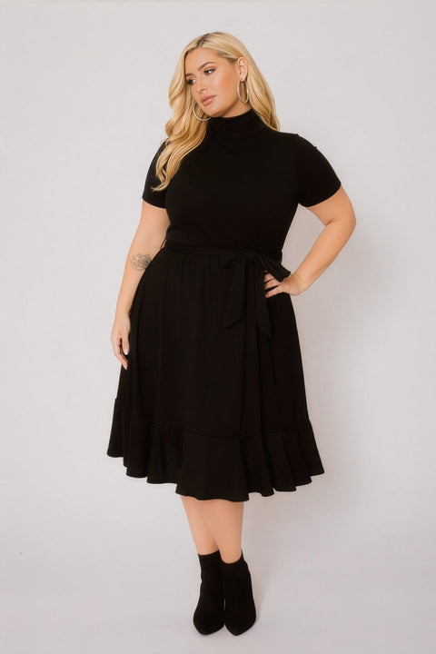 Plus Size Maren Turtleneck Ruffle Dress  - Black