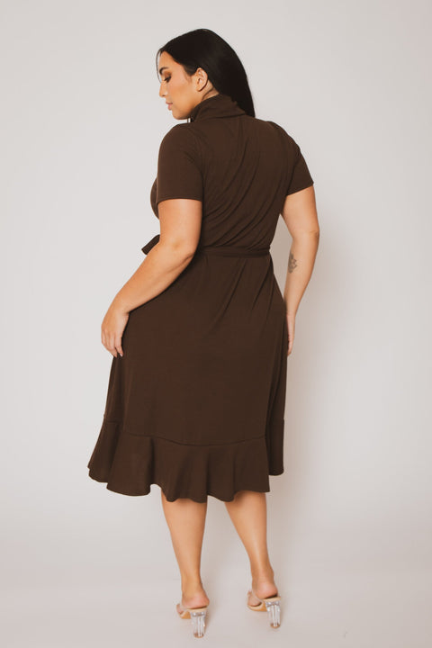 Plus Size Maren Turtleneck Ruffle Dress  - Brown