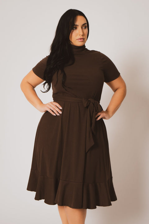 Plus Size Maren Turtleneck Ruffle Dress  - Brown