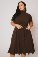 Plus Size Maren Turtleneck Ruffle Dress  - Brown