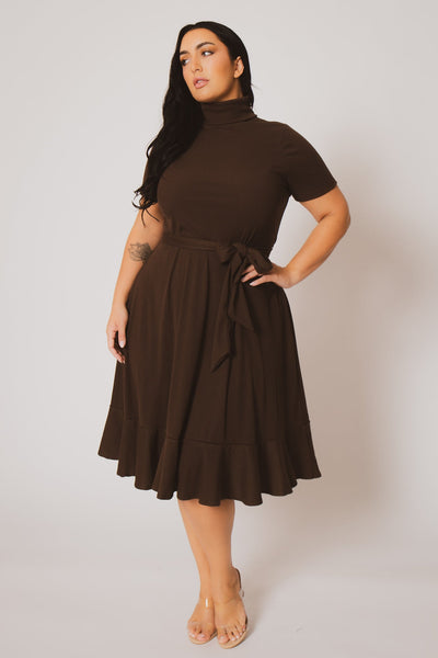 Plus Size Maren Turtleneck Ruffle Dress  - Brown